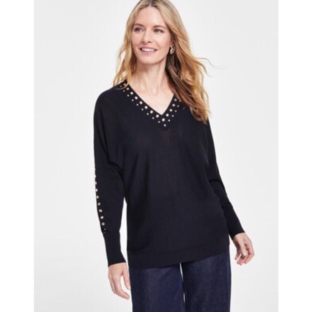 INC International Concepts‎ Studded V-Neck Tunic Sweater Black Large